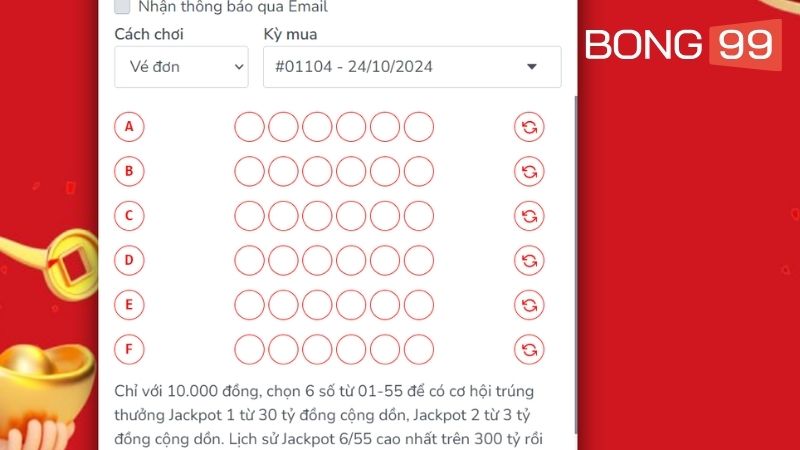 Nhà cái cho phép bạn chọn 6 số Vietlott Power thủ công theo ý muốn của mình