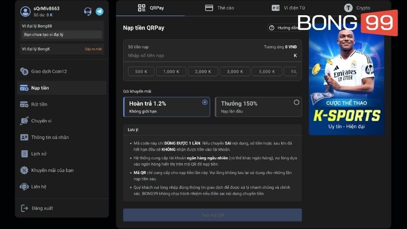 Hội viên chỉ cần nạp tiền vào ví game Bong99 là có thể thử thách tài đoán số Vietlott
